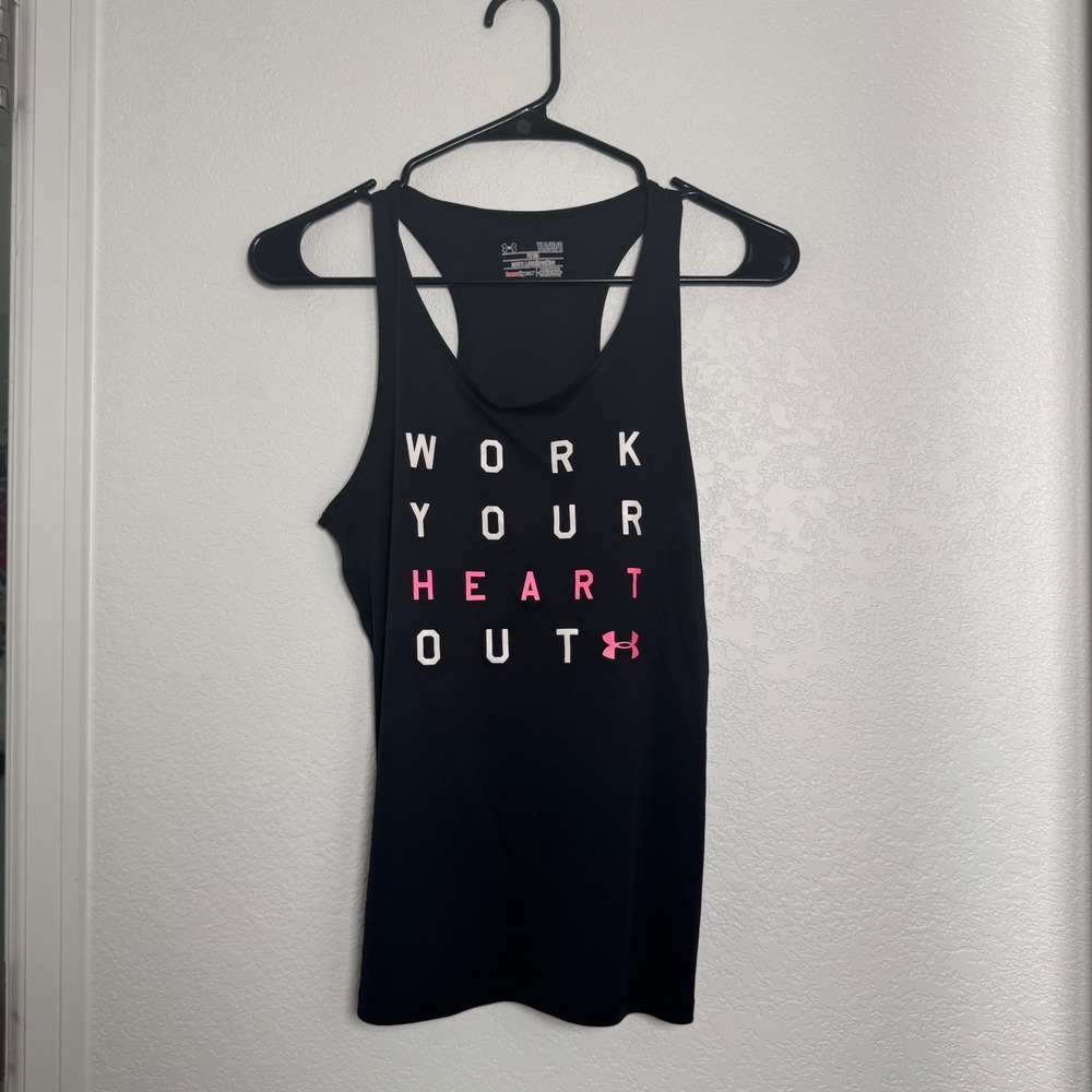 Under Armour Tank Top Youth Large Black Work Your Heart Out HeatGear Racerback